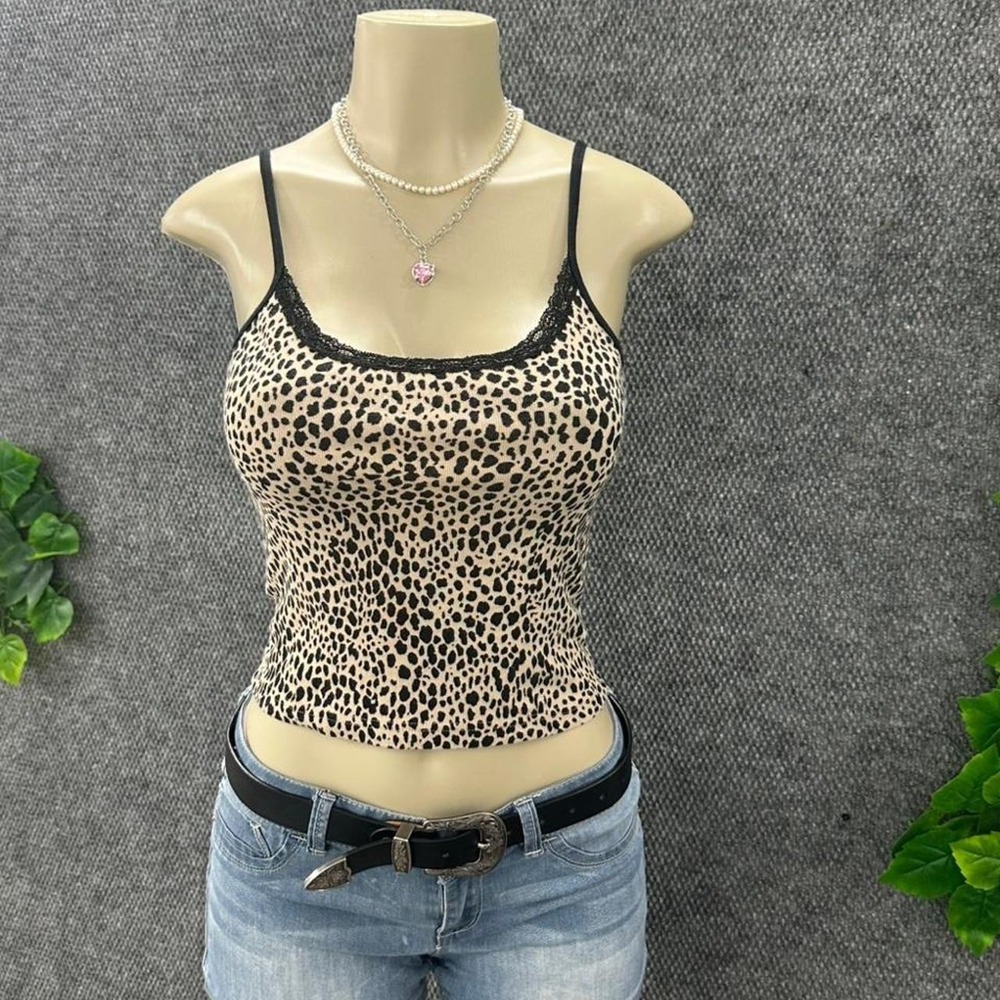 John Galt Leopard Print Lace Trim Cami Tank Top